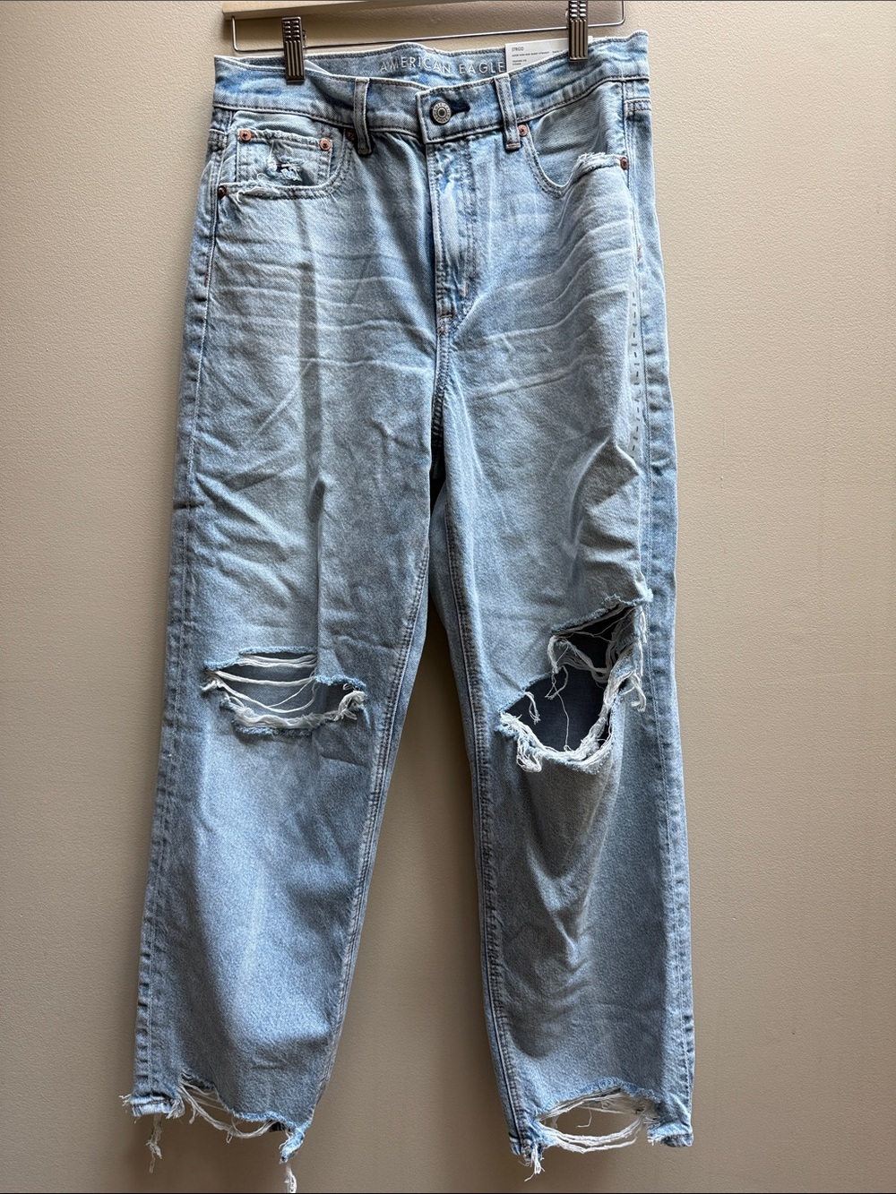 American Eagle super high rise baggy straight Light Blue Distressed Jeans